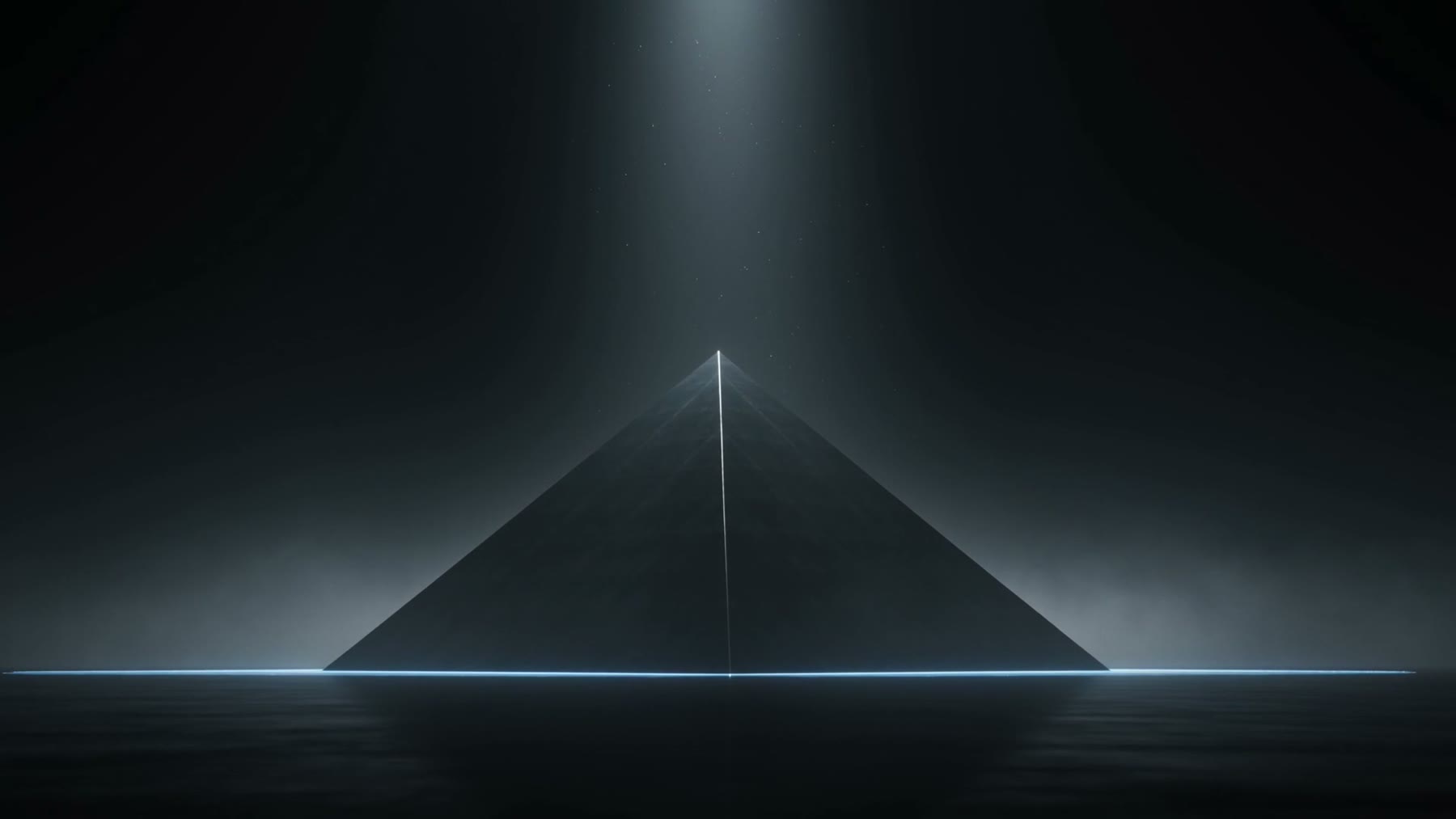 A dark geometric peak in a shaft of light, its base traced by a line of survey light