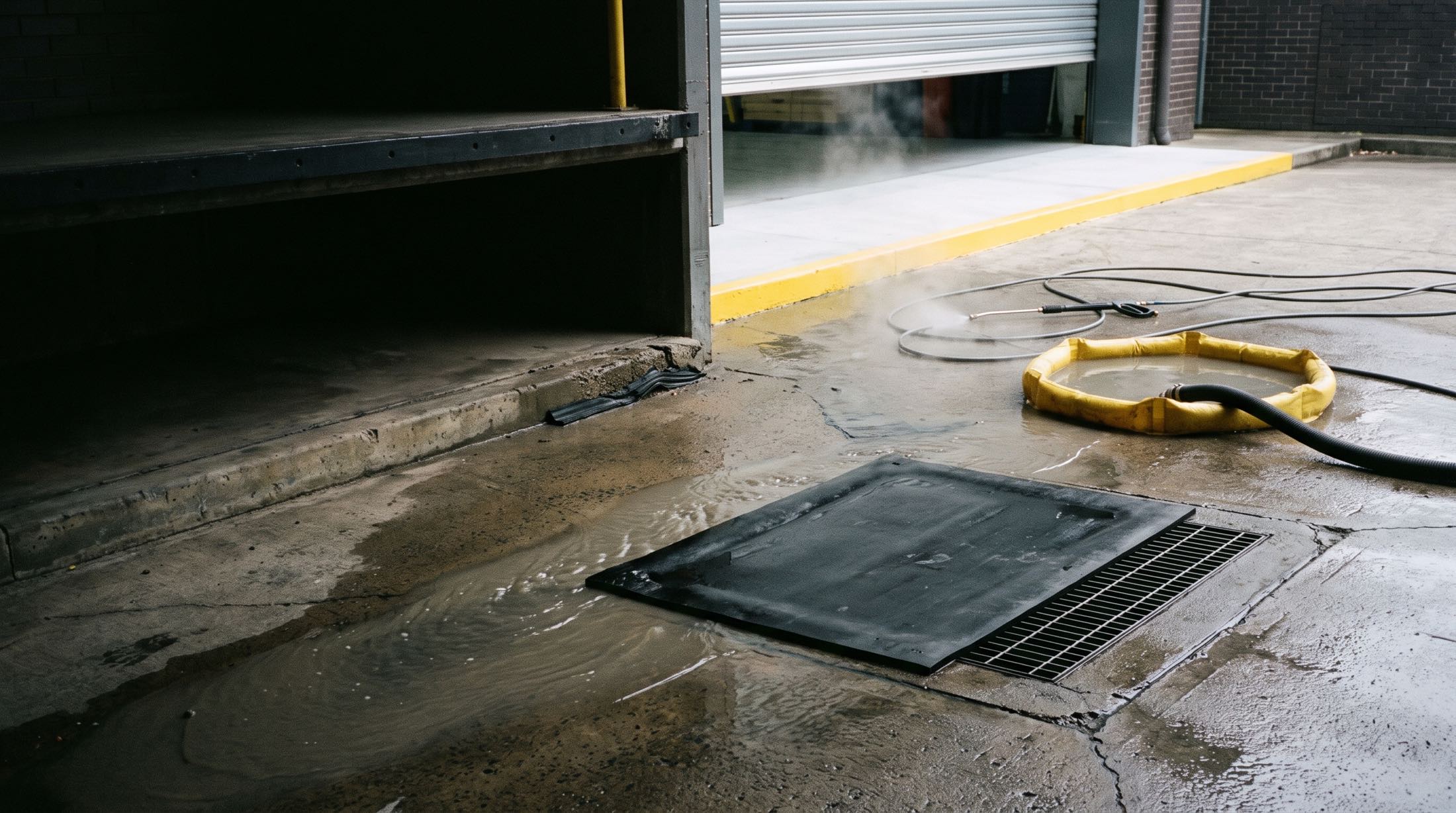A commercial loading dock during a controlled wash-down: the stormwater drain sealed under a protection mat with washwater ponding against its edge, a containment ring holding recovered water, and a recovery hose drawing from it